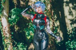 Rule 34 | ayanami rei, ayanami rei (cosplay), black suit, blue hair, cosplay, forest, formal, glico happy, highres, looking at viewer, nature, neon genesis evangelion, suit, woods