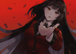 Rule 34 | 1girl, black hair, blunt bangs, breasts, commentary, copyright name, harukagi, hime cut, jabami yumeko, jacket, jewelry, kakegurui, large breasts, long hair, long sleeves, looking at viewer, parted lips, poker chip, red background, red eyes, red jacket, ring, school uniform, shirt, smile, solo, white shirt