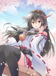 Rule 34 | 1girl, bench, black hair, boots, brown eyes, cherry blossoms, commission, detached sleeves, dutch angle, feet out of frame, frilled skirt, frills, hair ornament, hairband, hairclip, haruna (kancolle), haruna kai ni (kancolle), headgear, japanese clothes, kantai collection, long hair, nontraditional miko, popped collar, red skirt, ribbon-trimmed sleeves, ribbon trim, shizuna kaede, sitting, skeb commission, skirt, solo, thigh boots, thighhighs