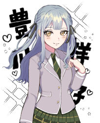 Rule 34 | 1girl, bang dream!, bang dream! it&#039;s mygo!!!!!, blue hair, closed mouth, collared shirt, commentary request, green necktie, green skirt, grey jacket, haneoka school uniform, heart, highres, jacket, long hair, long sleeves, looking at viewer, necktie, nisaka (nini2plus), plaid, plaid skirt, pleated skirt, school uniform, shirt, simple background, skirt, smile, solo, sparkle, striped necktie, togawa sakiko, translation request, upper body, white background, white shirt, yellow eyes