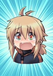 Rule 34 | 1girl, black jacket, black shirt, blonde hair, blush, commentary request, cropped torso, crying, crying with eyes open, hair between eyes, jacket, koshirae tsurugi (m.m), looking at viewer, low ponytail, m.m, open mouth, original, ponytail, red eyes, shirt, snot, solo, tears, track jacket, upper body, wavy eyes