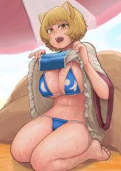 Rule 34 | 1girl, :d, absurdres, animal ears, beach, bikini, blonde hair, blue bikini, breasts, chanta (ayatakaoisii), dress, dress shirt, fox ears, fox tail, highres, large breasts, lifted by self, long sleeves, looking at viewer, multiple tails, open mouth, parasol, sand, seiza, shirt, short hair, sitting, slit pupils, smile, solo, swimsuit, tabard, tail, touhou, umbrella, white dress, wide sleeves, yakumo ran, yellow eyes