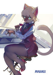 Rule 34 | 1girl, absurdres, alcohol, animal ears, artist name, backlighting, bar (place), blonde hair, blue eyes, bow, bowtie, cat ears, cat tail, cup, drinking, drinking glass, female focus, furry, furry female, high heels, highres, magiace, original, red footwear, red skirt, skirt, smile, solo, stool, tail, vest, wine, wine glass