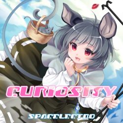 Rule 34 | 1girl, ahoge, album cover, animal ears, basket, black skirt, black vest, blue sky, capelet, chikuwa savy, clenched hand, clothes lift, cloud, collared capelet, cover, dowsing rod, english text, eyelashes, frilled skirt, frills, game cg, grey capelet, grey hair, holding, light blush, long sleeves, looking ahead, lower teeth only, midair, miniskirt, mouse (animal), mouse ears, mouse tail, nazrin, official art, open mouth, red eyes, ribbon-trimmed skirt, ribbon trim, shirt, short hair, skirt, skirt lift, skirt set, sky, smile, solo, spacelectro, sunlight, tail, teeth, touhou, touhou cannonball, ufo, vest, white shirt, yellow trim