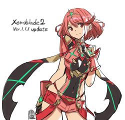 Rule 34 | 1girl, blush, breasts, covered navel, earrings, fingerless gloves, gloves, hair ornament, jewelry, large breasts, looking at viewer, official art, pyra (xenoblade), red eyes, red hair, saitou masatsugu, short hair, shorts, sidelocks, simple background, smile, solo, tiara, white background, xenoblade chronicles (series), xenoblade chronicles 2