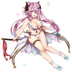 Rule 34 | 10s, 1girl, :d, bare arms, bare shoulders, bikini, black ribbon, blue eyes, blurry, breasts, cleavage, collarbone, depth of field, draph, granblue fantasy, hair ornament, hair over one eye, hairclip, holding, holding sword, holding weapon, horns, katana, large breasts, looking at viewer, maru (sw1tch), narmaya (granblue fantasy), narmaya (summer) (granblue fantasy), no legwear, open mouth, pink hair, pointy ears, ribbon, sandals, simple background, sitting, smile, solo, swimsuit, sword, tassel, thigh gap, thigh strap, unsheathed, weapon, white background, white bikini