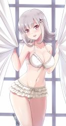 Rule 34 | 1girl, :d, artist name, bikini, blunt bangs, blush, breasts, cleavage, collarbone, commentary request, curtains, danganronpa (series), danganronpa 2: goodbye despair, frilled bikini, frills, front-tie bikini top, front-tie top, hair ornament, highres, large breasts, looking at viewer, mole, mole on breast, nanami chiaki, navel, official alternate costume, open mouth, pink eyes, shiny skin, smile, solo, spaceship hair ornament, stomach, swimsuit, teeth, the-sinner, thigh gap, upper teeth only, window