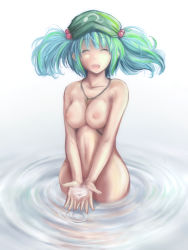 Rule 34 | 1girl, ao usagi, aqua hair, between breasts, blue hair, breasts, closed eyes, collarbone, curvy, face, female focus, green hair, hair bobbles, hair ornament, hat, hip focus, kawashiro nitori, key, medium breasts, multicolored hair, nipples, nude, open mouth, own hands together, short hair, smile, solo, standing, touhou, twintails, two side up, wading, water, wide hips