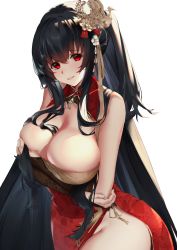 Rule 34 | 1girl, :d, arms under breasts, azur lane, bare shoulders, black hair, blush, breasts, bridal gauntlets, bursting breasts, china dress, chinese clothes, cleavage, cleavage cutout, clothing cutout, commentary, dress, gloves, hair between eyes, hair ornament, head tilt, highres, large breasts, long hair, looking at viewer, official alternate costume, one side up, open mouth, red dress, red eyes, revision, sg (satoumogumogu), smile, solo, taihou (azur lane), taihou (phoenix&#039;s spring song) (azur lane), very long hair