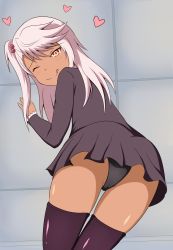Rule 34 | 1girl, ;q, absurdres, against wall, ass, black dress, black panties, black thighhighs, blush, chloe von einzbern, closed mouth, commentary request, dark-skinned female, dark skin, dress, fate/kaleid liner prisma illya, fate (series), hair between eyes, hair bobbles, hair ornament, heart, highres, leaning forward, long hair, looking at viewer, looking back, mitchi, nose blush, one eye closed, one side up, panties, pink hair, red eyes, smile, solo, thighhighs, tile wall, tiles, tongue, tongue out, underwear