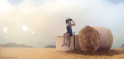 Rule 34 | 1girl, armpits, artist name, barefoot, black hair, cloud, cloudy sky, collarbone, dead-robot, farm, field, green eyes, hat, hay, hay bale, hay roll, high ponytail, knees together feet apart, lens flare, long hair, looking to the side, naked overalls, original, outdoors, overall skirt, overalls, pitchfork, ponytail, rural, scenery, shadow, sitting, sky, solo, tree