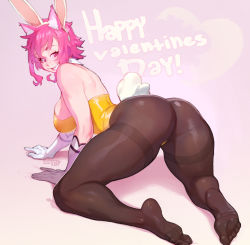 Rule 34 | 1girl, all fours, animal ear fluff, animal ears, artist name, ass, bare shoulders, black pantyhose, breasts, cat ears, closed mouth, commentary, elbow gloves, english commentary, english text, fake animal ears, fake tail, feet, from behind, full body, gloves, grey background, grey pantyhose, happy valentine, leotard, lips, looking at viewer, looking back, maizken, medium hair, messy hair, original, pantyhose, pink eyes, pink hair, playboy bunny, rabbit ears, rabbit tail, simple background, smile, solo, tail, thighs, valentine, white gloves, yellow leotard