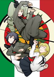 Rule 34 | 10s, 3girls, anchovy (girls und panzer), anzio (emblem), anzio military uniform, anzio school uniform, belt, black footwear, black hair, black necktie, black ribbon, black shirt, black skirt, blonde hair, blouse, boots, braid, brown eyes, carpaccio (girls und panzer), closed eyes, closed mouth, dress shirt, drill hair, eating, emblem, food, fork, girls und panzer, green hair, grey jacket, grey pants, grey skirt, grin, hair ribbon, highres, holding, holding fork, holding riding crop, jacket, knife, loafers, long hair, long sleeves, looking at another, looking back, military, military uniform, miniskirt, multiple girls, necktie, nogihen, open mouth, pants, pants tucked in, pantyhose, pasta, pencil skirt, pepperoni (girls und panzer), pleated skirt, red eyes, ribbon, riding crop, school uniform, shirt, shoes, short hair, shoulder belt, side braid, skirt, smile, spaghetti, twin drills, twintails, uniform, white legwear, white shirt