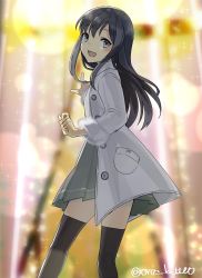 Rule 34 | 1girl, alternate costume, asashio (kancolle), black hair, black thighhighs, blue eyes, christmas lights, coat, cowboy shot, grey coat, grey skirt, kantai collection, long hair, looking at viewer, looking back, one-hour drawing challenge, pleated skirt, skirt, solo, standing, thighhighs, twitter username, yamashichi (mtseven)