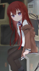 Rule 34 | 1girl, artist name, black footwear, black pantyhose, black shorts, blurry, blurry background, blush, brown jacket, closed mouth, depth of field, feet out of frame, highres, indoors, jacket, kanzaki nyo, long hair, long sleeves, looking at viewer, makise kurisu, monitor, necktie, off shoulder, open clothes, open jacket, pantyhose, pantyhose under shorts, purple eyes, red hair, red necktie, shirt, shorts, sitting, solo, steins;gate, twitter username, white shirt