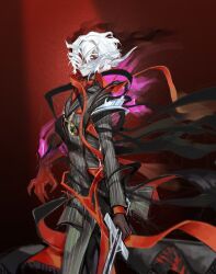 Rule 34 | 1boy, antonio salieri (fate), antonio salieri (first ascension) (fate), antonio salieri (second ascension) (fate), ascot, brown gloves, claws, fate/grand order, fate (series), formal, gloves, grey jacket, grey pants, grin, highres, holding, holding sword, holding weapon, jacket, long sleeves, looking at viewer, male focus, mask, medallion, pale skin, pants, pinstripe jacket, pinstripe pants, pinstripe pattern, pinstripe suit, red ascot, red background, red eyes, short hair, simple background, smile, smirk, solo, spotlight, striped suit, suit, sword, takustorage, transformation, weapon, white hair