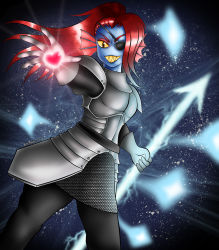 Rule 34 | 1girl, absurdres, armor, blue skin, colored sclera, colored skin, energy spear, energy weapon, eyepatch, eyeshadow, fins, head fins, highres, makeup, monster girl, polearm, ponytail, red hair, rokumaruart, sharp teeth, signature, solo, spear, teeth, undertale, undyne, weapon, yellow sclera