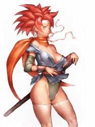 Rule 34 | 1990s (style), 1girl, ass, bare shoulders, blue eyes, blush, breasts, chrono (series), chrono trigger, covered erect nipples, crono (chrono trigger), fumio (rsqkr), gender request, genderswap, headband, katana, large breasts, leggings, looking at viewer, red hair, retro artstyle, scarf, short hair, simple background, solo, spiked hair, square enix, sword, thighhighs, thighs, weapon, white background, white leggings, white thighhighs