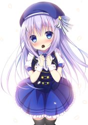 Rule 34 | 1girl, beret, black thighhighs, blue eyes, blue hair, blue skirt, blue vest, blush, bow, bowtie, candy, chocolate, chocolate heart, clenched hands, collared shirt, commentary request, cowboy shot, food, frilled skirt, frills, from above, gochuumon wa usagi desu ka?, hair ornament, hairclip, hat, hat bow, heart, kafuu chino, long hair, looking at viewer, mouth hold, niki (aroma terrace), petals, puffy short sleeves, puffy sleeves, shibainu niki, shirt, short sleeves, sidelocks, skirt, solo, striped bow, striped bowtie, striped clothes, striped neckwear, thighhighs, vest, white background, white shirt, wrist cuffs, x hair ornament, zettai ryouiki