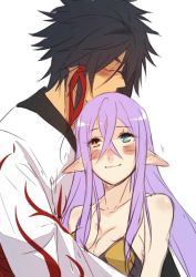 Rule 34 | 1boy, bare shoulders, black hair, blush, breasts, cleavage, closed mouth, collarbone, commentary, couple, facing viewer, from side, hair between eyes, hair ribbon, hetero, heterochromia, hug, long hair, long sleeves, looking up, magilou (tales), nose blush, pointy ears, purple hair, red ribbon, ribbon, rokurou rangetsu, sidelocks, sleeveless, smile, spiked hair, tales of (series), tales of berseria, traditional clothes, tusia