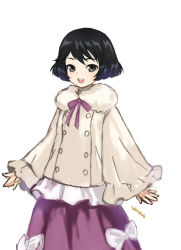 Rule 34 | 1girl, :d, a-pose, black eyes, black hair, bob cut, bow, buttons, coat, cowboy shot, double-breasted, dress, dress bow, fur trim, girls und panzer, long hair, long sleeves, looking at viewer, neck ribbon, open mouth, purple bow, purple dress, ribbon, short hair, simple background, smile, solo, teeth, upper teeth only, utsugi yuuki, white background, white bow, white coat, yu sakurai06