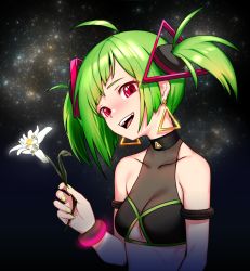 Rule 34 | arm strap, artpatient, cleavage, clothing cutout, covered collarbone, delutaya, diagonal bangs, earrings, flower, gold earrings, green hair, green nails, highres, indie virtual youtuber, jewelry, nail polish, open mouth, red eyes, see-through, see-through cleavage, sky, sleeveless, solo, star (sky), starry sky, triangle earrings, triangle hair ornament, twintails, underboob cutout, utaite, virtual youtuber, wrist cuffs