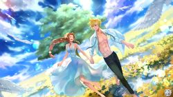 Rule 34 | 1boy, 1girl, abs, aerith gainsborough, alternate costume, bare arms, barefoot, bird, black pants, blonde hair, blue eyes, braid, breasts, brown hair, cleavage, closed eyes, cloud, cloud strife, cloudy sky, couple, dress, field, final fantasy, final fantasy vii, final fantasy vii remake, flower, flower field, full body, hair flower, hair ornament, halu-ca, hetero, highres, holding hands, long dress, long hair, medium breasts, muscular, muscular male, necktie, open clothes, open mouth, open shirt, pants, parted bangs, pectorals, shirt, sidelocks, sky, smile, spiked hair, square enix, teeth, tree, undone necktie, upper teeth only, walking, white dress, white shirt, yellow flower