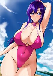 Rule 34 | 1girl, absurdres, amaya haruko, areola slip, beach, blue eyes, bolobolo, breasts, cameltoe, cleavage, covered erect nipples, facing viewer, heart, heart-shaped pupils, highres, huge breasts, long hair, looking at viewer, maken-ki!, one-piece swimsuit, outdoors, purple hair, solo, swimsuit, symbol-shaped pupils, thick thighs, thigh gap, thighs, wide hips