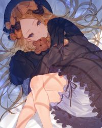 Rule 34 | 1girl, abigail williams (fate), black dress, black hat, blonde hair, bloomers, blue eyes, bow, dress, fate/grand order, fate (series), feet out of frame, hair bow, hat, hotosoka (user nxja5583), hugging object, long hair, long sleeves, looking at viewer, lying, on side, orange bow, polka dot, polka dot bow, sleeves past wrists, solo, stuffed animal, stuffed toy, teddy bear, underwear, white bloomers
