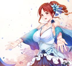 Rule 34 | 1girl, anti (0324), blue flower, blue rose, blush, breasts, brown eyes, brown hair, choker, cleavage, dress, flower, frilled dress, frills, hair flower, hair ornament, idolmaster, idolmaster cinderella girls, large breasts, long hair, looking at viewer, mifune miyu, open mouth, open palms, outstretched arms, petals, ponytail, rose, shawl, signature, smile, solo, spread arms, white dress
