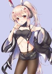 Rule 34 | 1girl, absurdres, ayanami (azur lane), ayanami (rock &#039;n&#039; demon) (azur lane), azur lane, bad id, bad pixiv id, bare shoulders, black jacket, black shorts, blush, brown eyes, brown pantyhose, chestnut mouth, covered erect nipples, crop top, hair between eyes, hair ornament, headgear, headphones, high ponytail, highres, jacket, light brown hair, long hair, looking at viewer, navel, off shoulder, open clothes, open fly, open jacket, pantyhose, parted lips, ponytail, purple background, short shorts, shorts, simple background, solo, very long hair, wakuta chisaki