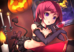 Rule 34 | 10s, 1girl, alcohol, black bra, black gloves, black thighhighs, blush, bra, breasts, chestnut mouth, cleavage, cup, dancing stars on me!, demon tail, drink, drinking glass, elbow gloves, fire, full moon, gloves, halloween, hand on own cheek, hand on own face, head wings, heart, heart tail, jack-o&#039;-lantern, long hair, looking at viewer, love live!, love live! school idol festival, love live! school idol project, lying, moon, night, nishikino maki, no shoes, on stomach, parfaitlate, parted lips, purple eyes, purple hair, red hair, skirt, small breasts, solo, strapless, strapless bra, tail, thighhighs, underwear, wine, wine glass, wings