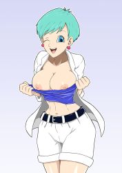 Rule 34 | 1girl, alternate hairstyle, belt, blue eyes, blue tube top, breasts, breasts out, bulma, clothes pull, cowboy shot, dragon ball, dragonball z, earrings, female focus, flashing, gradient background, green hair, groin, hands up, happy, highres, jacket, jewelry, large breasts, legs, looking at viewer, midriff, navel, nipples, one eye closed, open mouth, pulling own clothes, short hair, shorts, simple background, smile, solo, standing, strapless, stud earrings, thighs, toned, tube top, white jacket, wink, ydraw4fun