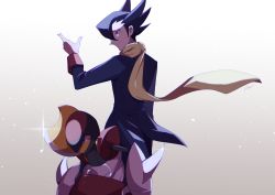 Rule 34 | 1boy, absurdres, bisharp, black hair, black jacket, closed mouth, commentary request, creatures (company), elite four, floating scarf, game freak, gen 5 pokemon, glint, grimsley (pokemon), hand up, highres, jacket, kisa (kisa-kisa5900), long sleeves, male focus, nintendo, pokemon, pokemon (creature), pokemon bw, scarf, signature, yellow scarf