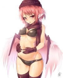 Rule 34 | 1girl, animal ears, ayagi daifuku, bad id, bad twitter id, bird wings, blush, bra, breasts, breath, cleavage, feathered wings, gloves, groin, hands on stomach, hat, inactive account, lingerie, looking at viewer, mystia lorelei, navel, open mouth, panties, pink hair, red eyes, red gloves, red thighhighs, scarf, short hair, signature, simple background, solo, stomach, sweat, thighhighs, touhou, underwear, underwear only, white background, wings