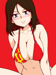 Rule 34 | 1girl, arm behind back, bikini, black hair, blue eyes, blush, breasts, cleavage, closed mouth, commentary request, dutch angle, emblem, frown, girls und panzer, large breasts, long hair, looking at viewer, navel, nonna (girls und panzer), oosaka kanagawa, pravda (emblem), print bikini, red background, red bikini, simple background, sitting, skindentation, solo, sweatdrop, swept bangs, swimsuit