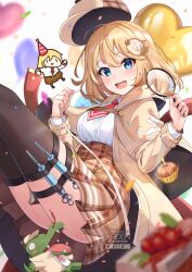 Rule 34 | 1girl, ardenlolo, artist name, balloon, black thighhighs, blonde hair, blue eyes, blurry, blush, brown capelet, brown coat, brown hat, brown skirt, capelet, coat, collared shirt, deerstalker, depth of field, detective, glint, hair ornament, hat, heart balloon, high-waist skirt, holding, holding magnifying glass, hololive, hololive english, investigator (amelia watson), long sleeves, looking at viewer, magnifying glass, miniskirt, necktie, open mouth, plaid, plaid skirt, pleated skirt, red necktie, shirt, short hair, short necktie, skirt, smile, smol ame, solo, syringe, syringe holster, thigh strap, thighhighs, twitter username, virtual youtuber, watson amelia, white shirt