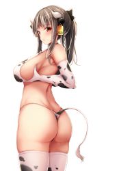 Rule 34 | 1girl, 2021, animal ears, animal print, ass, bare shoulders, bikini, blush, breast hold, breasts, brown hair, chinese zodiac, commentary request, cow ears, cow girl, cow horns, cow print, cow print bikini, cow tail, cowboy shot, cucchiore, elbow gloves, from behind, gloves, highres, horns, large breasts, looking at viewer, looking back, multicolored hair, original, parted lips, print bikini, print gloves, print thighhighs, red eyes, sideboob, sidelocks, silver hair, simple background, solo, streaked hair, swimsuit, tail, thighhighs, thong bikini, two-tone hair, white background, year of the ox