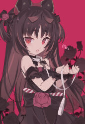 Rule 34 | 1girl, bare shoulders, black dress, black hair, blade (galaxist), bow, brown hair, collar, detached sleeves, dress, fang, flower, hair flower, hair ornament, hands up, highres, holding, holding leash, leash, long hair, looking at viewer, nekoyama nae, offering leash, open mouth, parted lips, puffy detached sleeves, puffy short sleeves, puffy sleeves, red eyes, red flower, red rose, rose, short sleeves, skin fang, solo, toranoana, two side up, very long hair, wristband