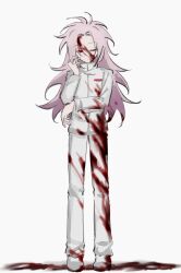 Rule 34 | 1boy, absurdres, blood, blood on clothes, blood on face, closed mouth, commentary, full body, hatsutori hajime, highres, jiekuijiangshadaonijiamenkou, long hair, long sleeves, male focus, no nose, one eye closed, pants, parted bangs, pink hair, red eyes, saibou shinkyoku, shirt, simple background, solo, symbol-only commentary, white background, white footwear, white pants, white shirt