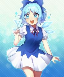 Rule 34 | 1girl, absurdres, aqua background, blue background, blue bow, blue dress, blue eyes, blue hair, bow, cirno, collar, dress, food, gradient background, hand up, highres, hitosaji, ice, ice cream, ice wings, looking at viewer, open mouth, puffy short sleeves, puffy sleeves, red bow, red neckwear, short hair, short sleeves, smile, solo, standing, star (symbol), touhou, white collar, white sleeves, wings