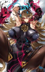 Rule 34 | 1girl, abs, armor, armpits, arms up, bare shoulders, biceps, black dress, blonde hair, blue eyes, breasts, brown pantyhose, casul, chain, covered navel, dress, earrings, barghest (fate), fate/grand order, fate (series), gauntlets, heterochromia, highres, horns, huge breasts, jewelry, long hair, looking at viewer, lying, muscular, muscular female, necklace, on back, pantyhose, pauldrons, pelvic curtain, red eyes, shoulder armor, single gauntlet, single pauldron, smile, solo, spread legs, sword, thighs, toned, weapon