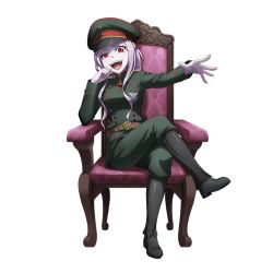 Rule 34 | 1girl, belt, boots, cosplay, hat, high boots, isekai quartet, military, military uniform, official art, on chair, overlord (maruyama), red eyes, shalltear bloodfallen, sitting, solo, tagme, tanya degurechaff (cosplay), transparent background, uniform, vampire, white hair, youjo senki