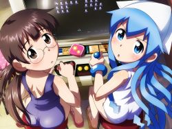 Rule 34 | 2girls, :o, arcade, arcade cabinet, ass, bare back, blue eyes, blue hair, blush, brown eyes, brown hair, from above, glasses, hat, ikamusume, long hair, looking at viewer, looking back, looking up, low twintails, multiple girls, non-web source, one-piece swimsuit, open mouth, playing games, sakura kiyomi, sameha ikuya, sandals, school swimsuit, shinryaku! ikamusume, skin tight, space invaders, swimsuit, tentacles, tentacle hair, twintails, twisted neck, video game, white school swimsuit, white one-piece swimsuit
