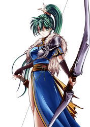 Rule 34 | 1girl, armor, blue dress, bow (weapon), bracer, breasts, capelet, cecil (wing r), covered erect nipples, cowboy shot, dress, earrings, fingerless gloves, fire emblem, fire emblem: the blazing blade, fire emblem heroes, fur, fur capelet, gloves, gold trim, green eyes, green hair, jewelry, long hair, looking at viewer, lyn (fire emblem), medium breasts, nintendo, ponytail, quiver, shoulder armor, simple background, solo, weapon, white background