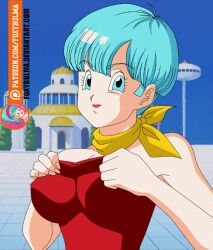 Rule 34 | 1girl, animated, animated gif, blue eyes, blue hair, blush, breasts, bulma, closed mouth, dragonball z, dress, female focus, foxybulma, large breasts, matching hair/eyes, nipples, one eye closed, outdoors, red dress, red lips, scarf, smile, solo, standing, undressing, wink, yellow scarf