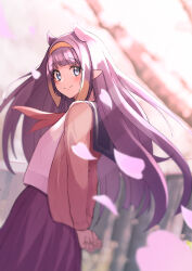 Rule 34 | 1girl, arms behind back, blunt bangs, blurry, blurry background, cherry blossoms, commentary, falling petals, hairband, highres, hololive, hololive english, kenjun, light blush, long hair, long sleeves, looking at viewer, mole, mole under eye, neckerchief, ninomae ina&#039;nis, petals, pointy ears, purple hair, red neckerchief, school uniform, serafuku, skirt, smile, solo, virtual youtuber