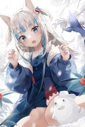 Rule 34 | 1girl, :o, absurdres, animal ear fluff, animal ears, animal ears (norankkori), bag, bloop (gawr gura), blue eyes, blue hair, blue nails, cat ears, claw pose, fins, fish tail, gawr gura, gawr gura (casual), hair ornament, highres, hololive, hololive english, long hair, long sleeves, looking at viewer, multicolored hair, nail polish, official alternate costume, open mouth, outdoors, puffy long sleeves, puffy sleeves, shark tail, sharp teeth, shoulder bag, snow, snowman, solo, streaked hair, tail, teeth, two-tone hair, two side up, virtual youtuber, white hair