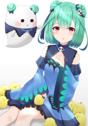 Rule 34 | 1girl, :d, animal print, bare shoulders, bird, blue dress, blue sleeves, brooch, butterfly print, chick, detached sleeves, divergenceok, double bun, dress, earrings, frilled dress, frills, ghost, green hair, hair bun, hair ornament, hair ribbon, highres, hololive, hololive fantasy, jewelry, light blush, looking at viewer, open mouth, red eyes, ribbon, short dress, short hair, sitting, skull brooch, skull earrings, skull hair ornament, sleeveless, sleeveless dress, smile, solo, uruha rushia, uruha rushia (1st costume), virtual youtuber, white background, wide sleeves