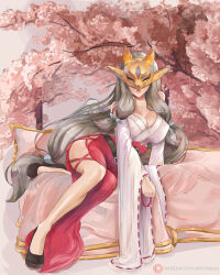 Rule 34 | 1girl, absurdres, alva, ass, bed, breasts, cherry blossoms, covered erect nipples, digimon, digimon (creature), female focus, fox mask, highres, japanese clothes, large breasts, long hair, mask, miko, outdoors, sakuyamon, sakuyamon miko mode, tree
